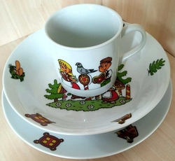 Dětská třídílná jídelní porcelánová sada PERNÍKOVÁ CHALOUPKA